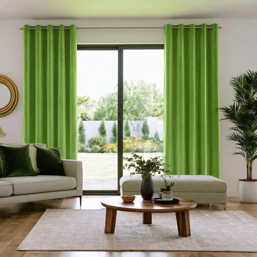 Light Green Velvet Grommet Extra Long Curtains in a Modern Living Room with White Sofa, Ottoman and Coffee Table