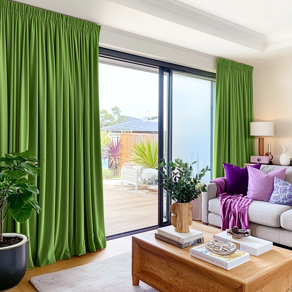 Light Green Velvet Pencil Pleat Blackout Curtains for Sliding Doors in a Living Room with Warm White Walls