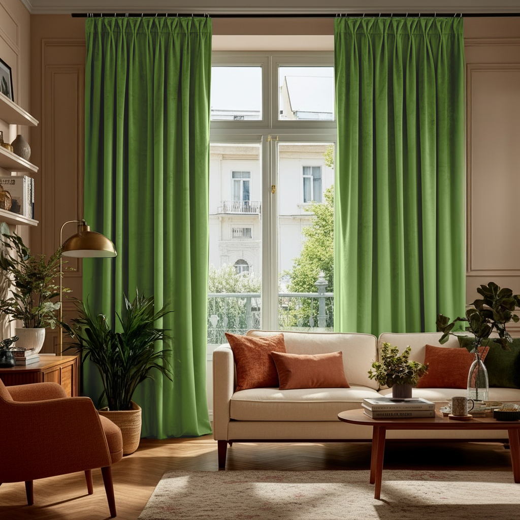 Light Green Velvet Pinch Pleat Blackout Curtains in a Living Room with Beige Walls