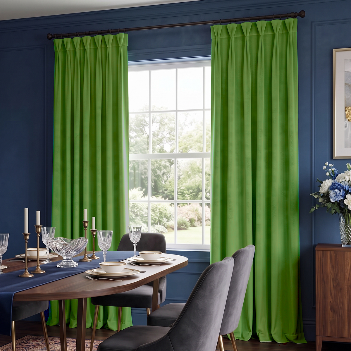 Vibrant floor Light Green curtains framing a large window in a stylish navy blue dining room