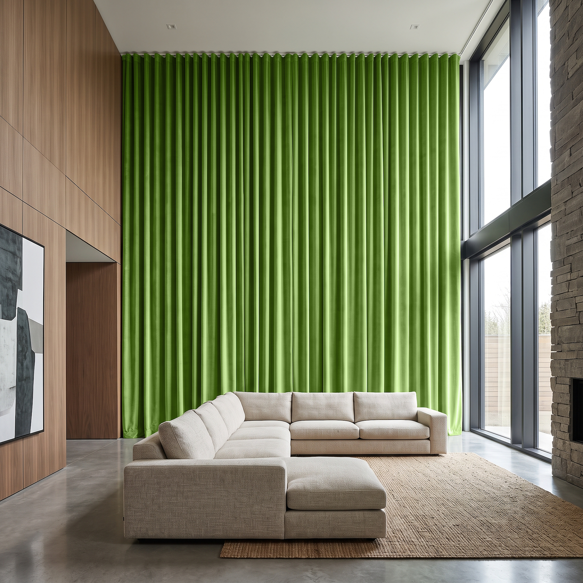 Light Green Velvet S-Fold Extra Long Curtains in a Modern Living Room with Double-Height Windows, Woven Jute Rug and Stone Accent Wall