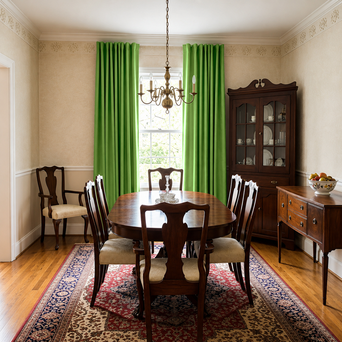 Light Green Velvet Curtains in a Rich Dining Room with Beige Walls and Wooden Chairs with Soft Seats, Patterned Carpet