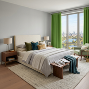 Light Green Velvet Tab Top Blackout Curtains in a Bedroom with Pale Grey Walls