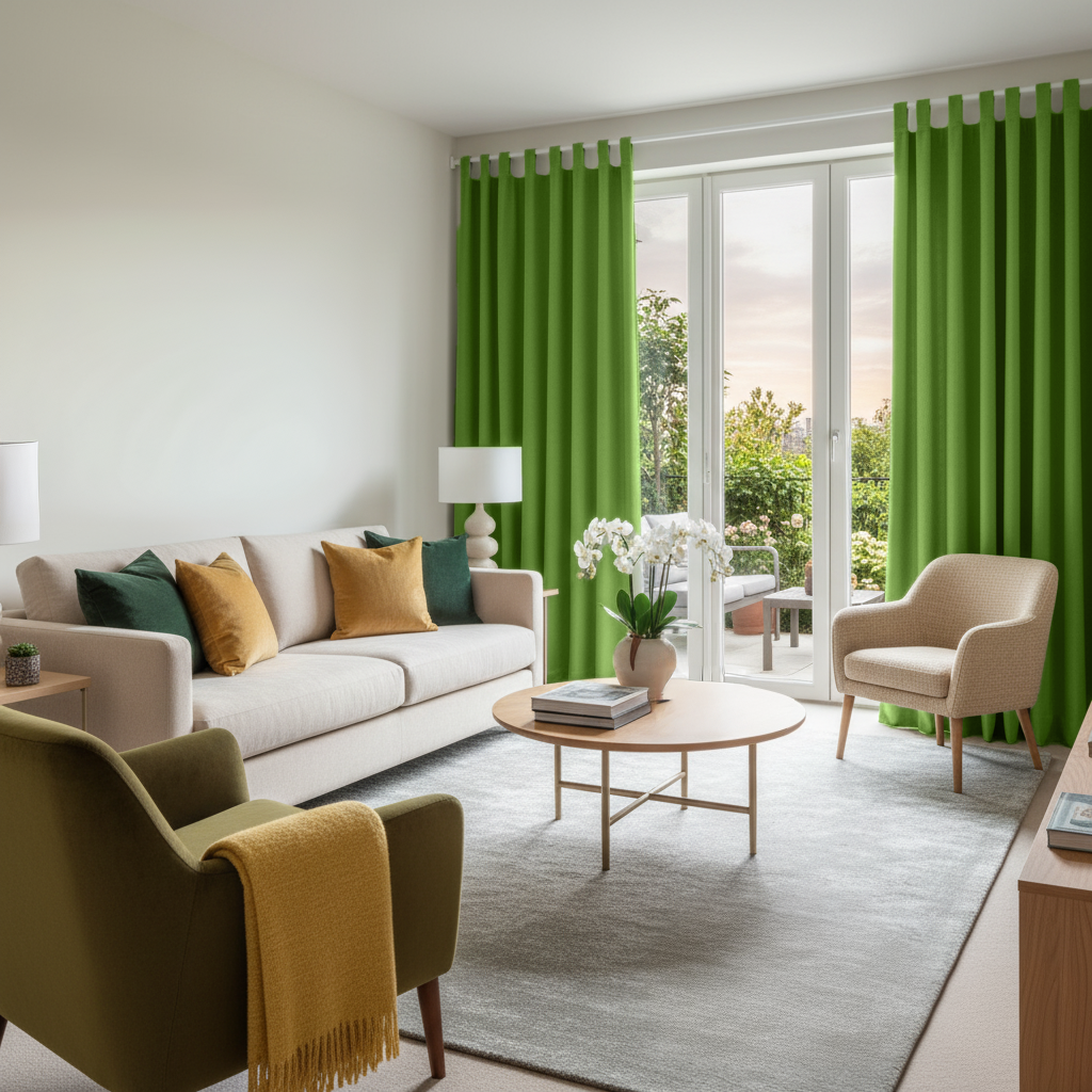 Light Green Velvet Tab Top Blackout Curtains in a Living Room with Crisp White Walls