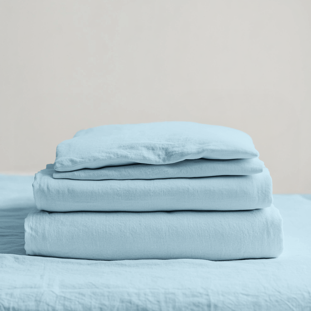 Light Sky Blue Washed Linen Deep Pocket Fitted Sheet Set
