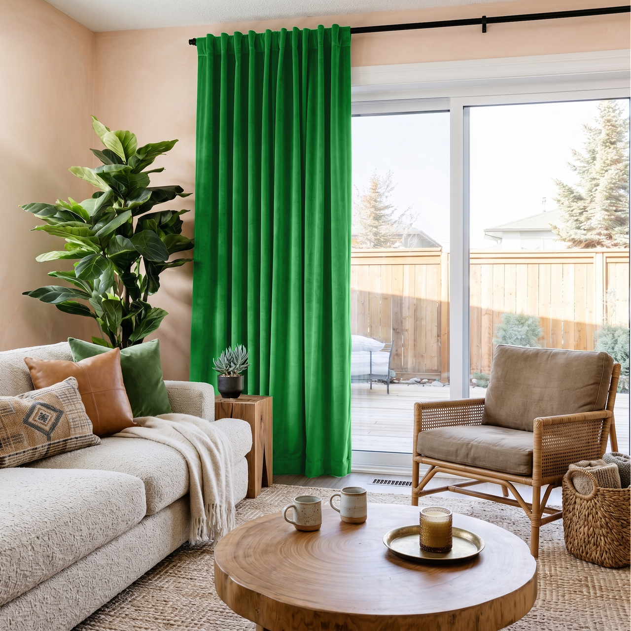 Lime Green Velvet Back Tab Sliding Patio Door Curtains in a Cozy Living Room with Peach Walls and a Cream Bouclé Sofa