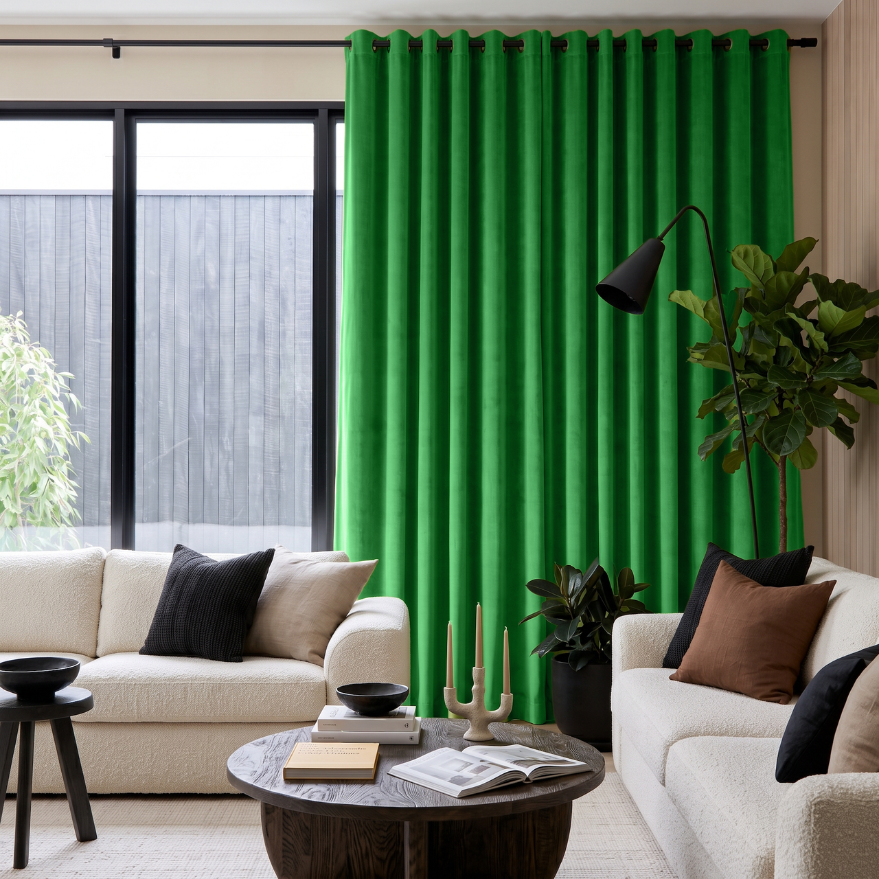 Lime Green Velvet Grommet Curtains in a Contemporary Living Room with Cream Sofas and Black Accents