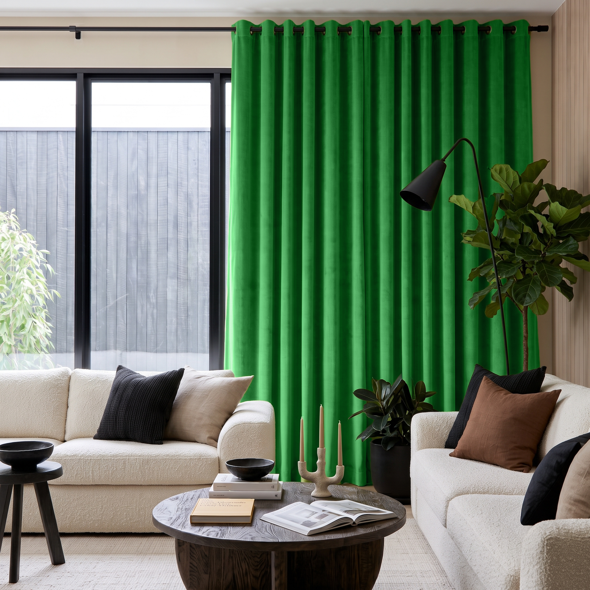 Lime Green Velvet Grommet Curtains in a Contemporary Living Room with Cream Sofas and Black Accents