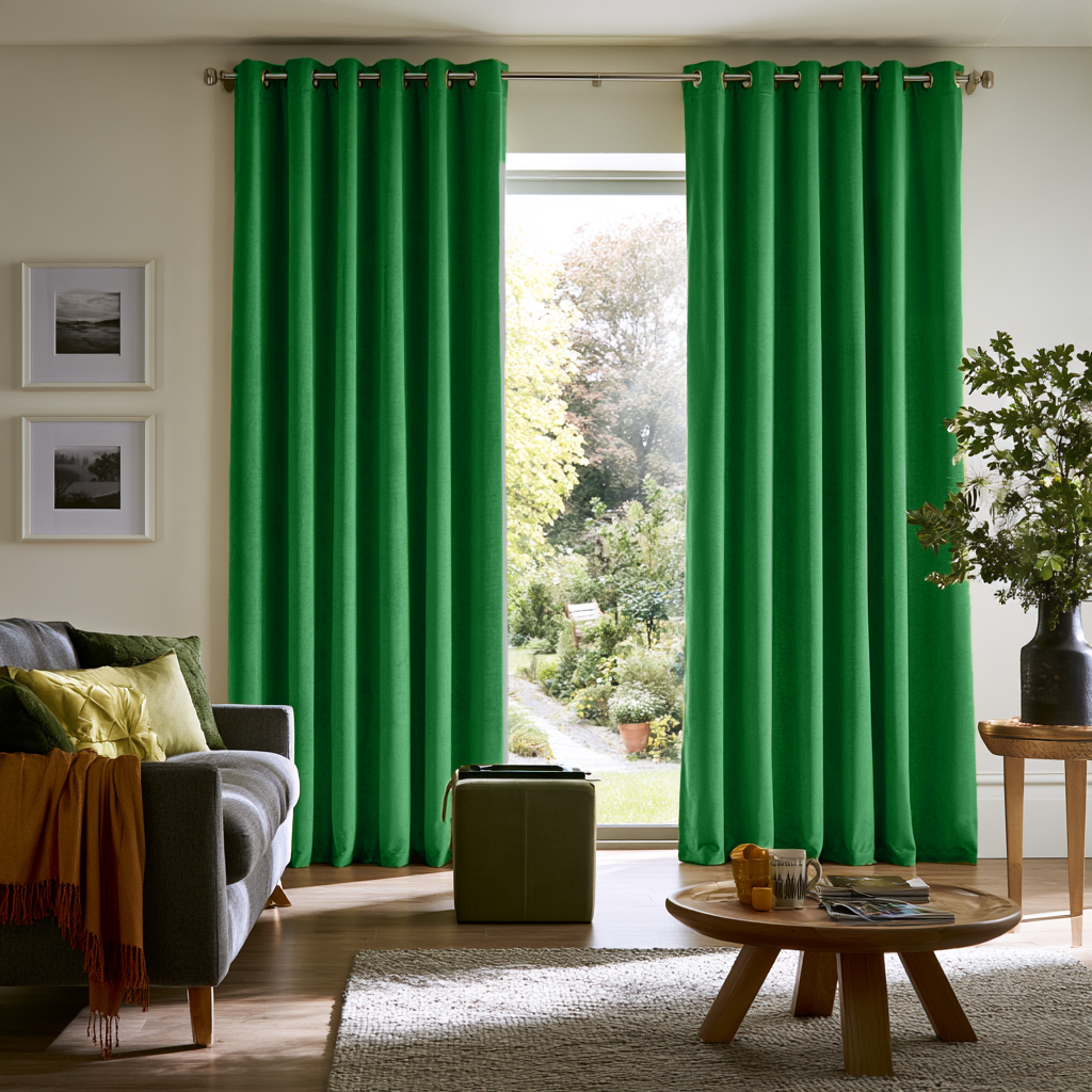 Lime Green Velvet Grommet Extra Long Curtains in a Contemporary Living Room with Grey Sofa and Garden View
