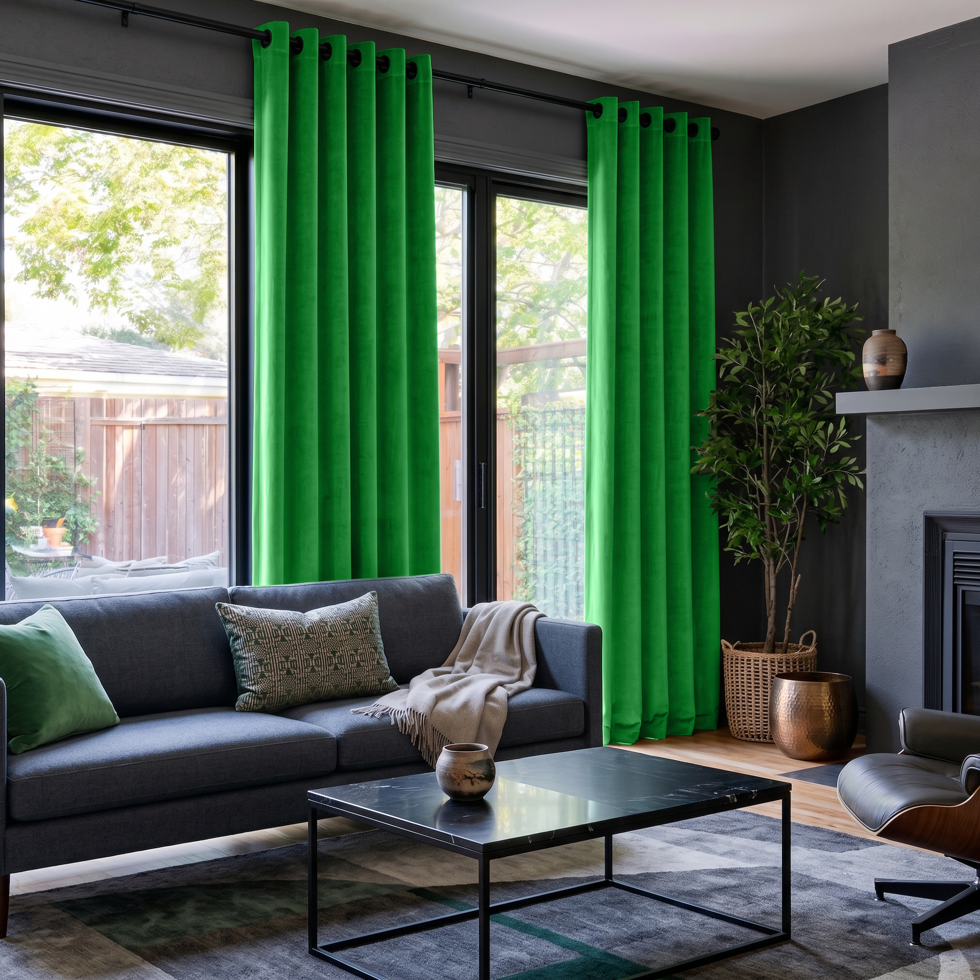 Lime Green Velvet Grommet Sliding Patio Door Curtains in a Modern Living Room with Charcoal Walls and a Gray Sofa