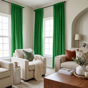 Lime Green Velvet Multitape Soundproof Curtains in a Bright Living Room with Cream Bouclé Seating and a Walnut Coffee Table