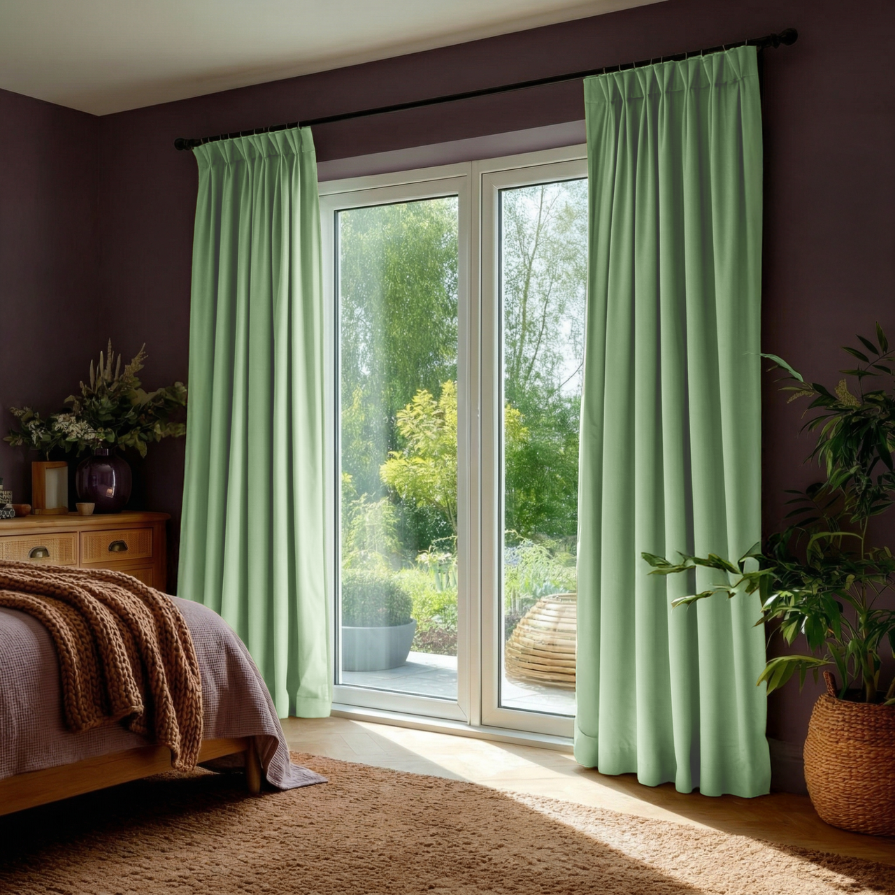 Lime Green Velvet Pinch Pleat Blackout Curtains for Sliding Doors in a Bedroom with Fuchsia Walls