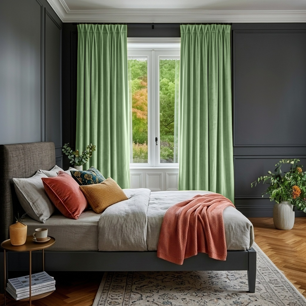Lime Green Velvet Pinch Pleat Blackout Curtains in a Bedroom with Charcoal Walls