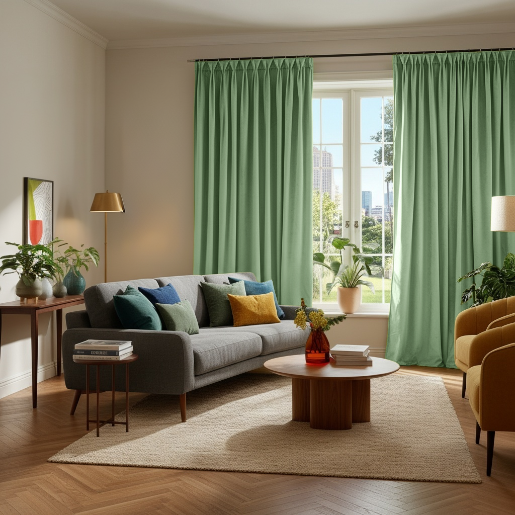 Lime Green Velvet Pinch Pleat Blackout Curtains in a Living Room with Ivory Walls