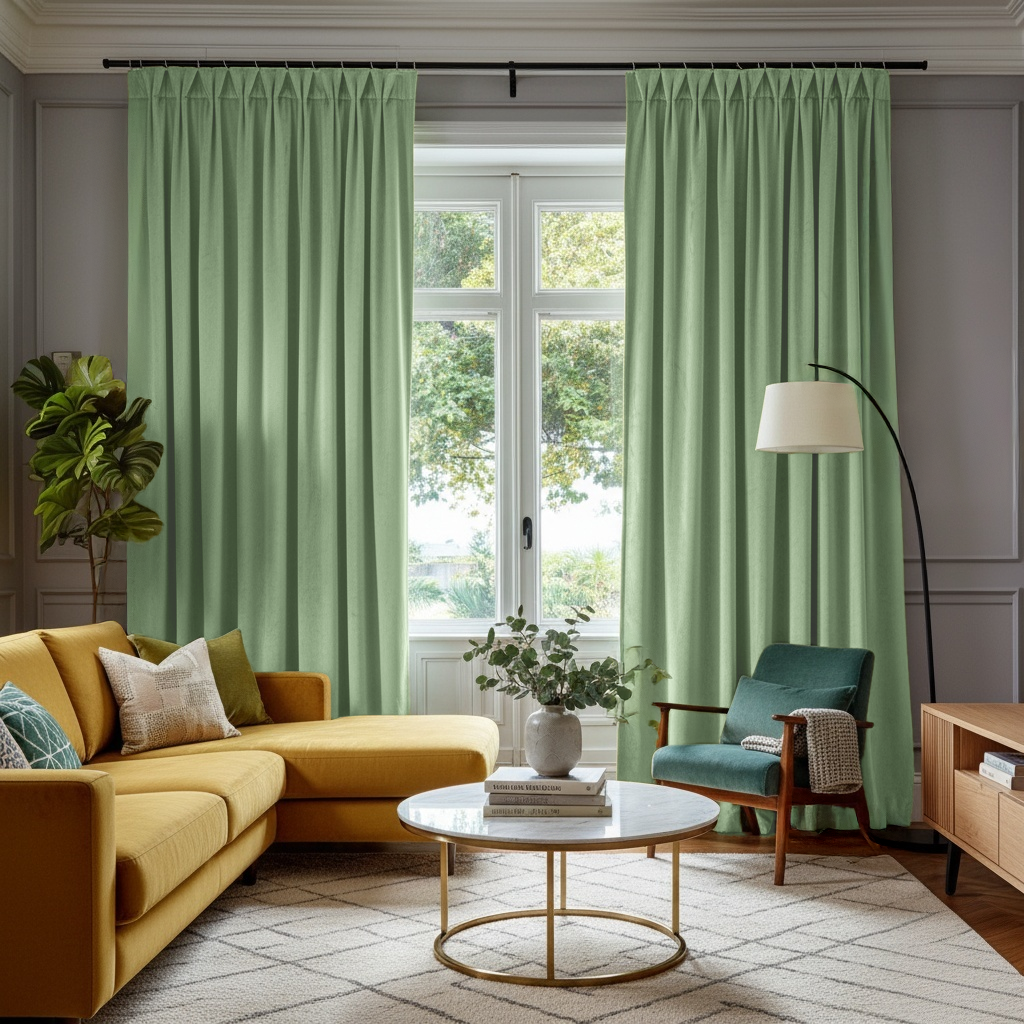 Lime Green Velvet Pinch Pleat Blackout Curtains in a Living Room with Light Grey Walls