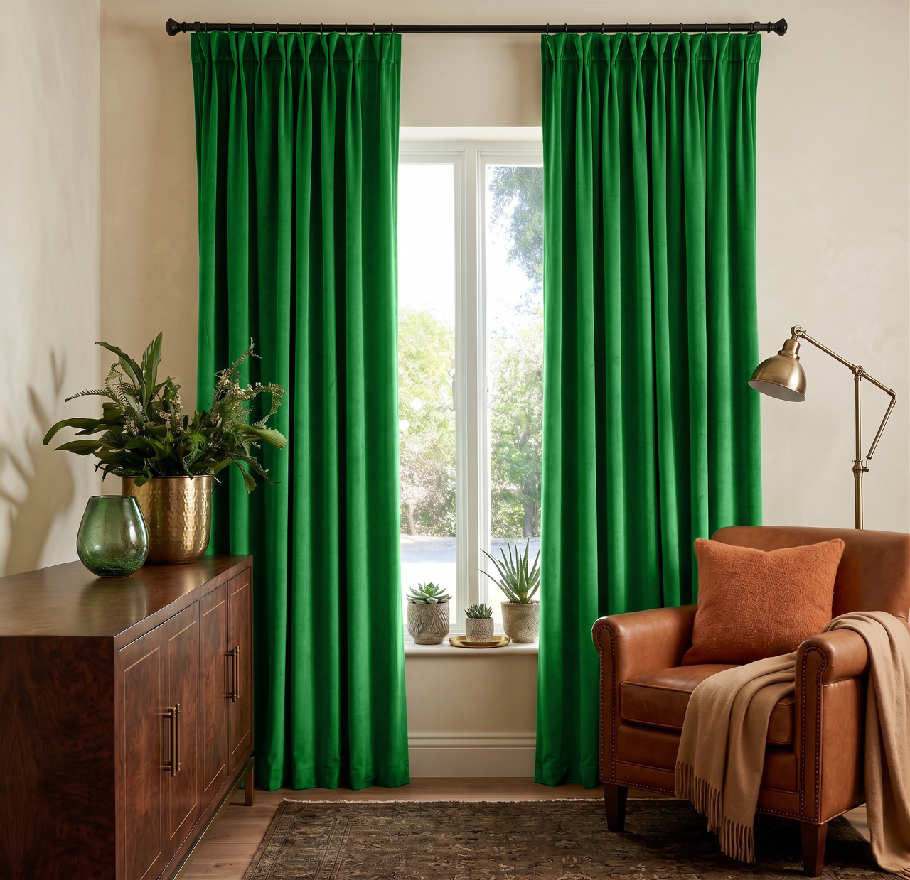 Lime Green Velvet Pinch Pleat Curtains in a Cozy Living Room with Beige Walls and a Brown Leather Armchair