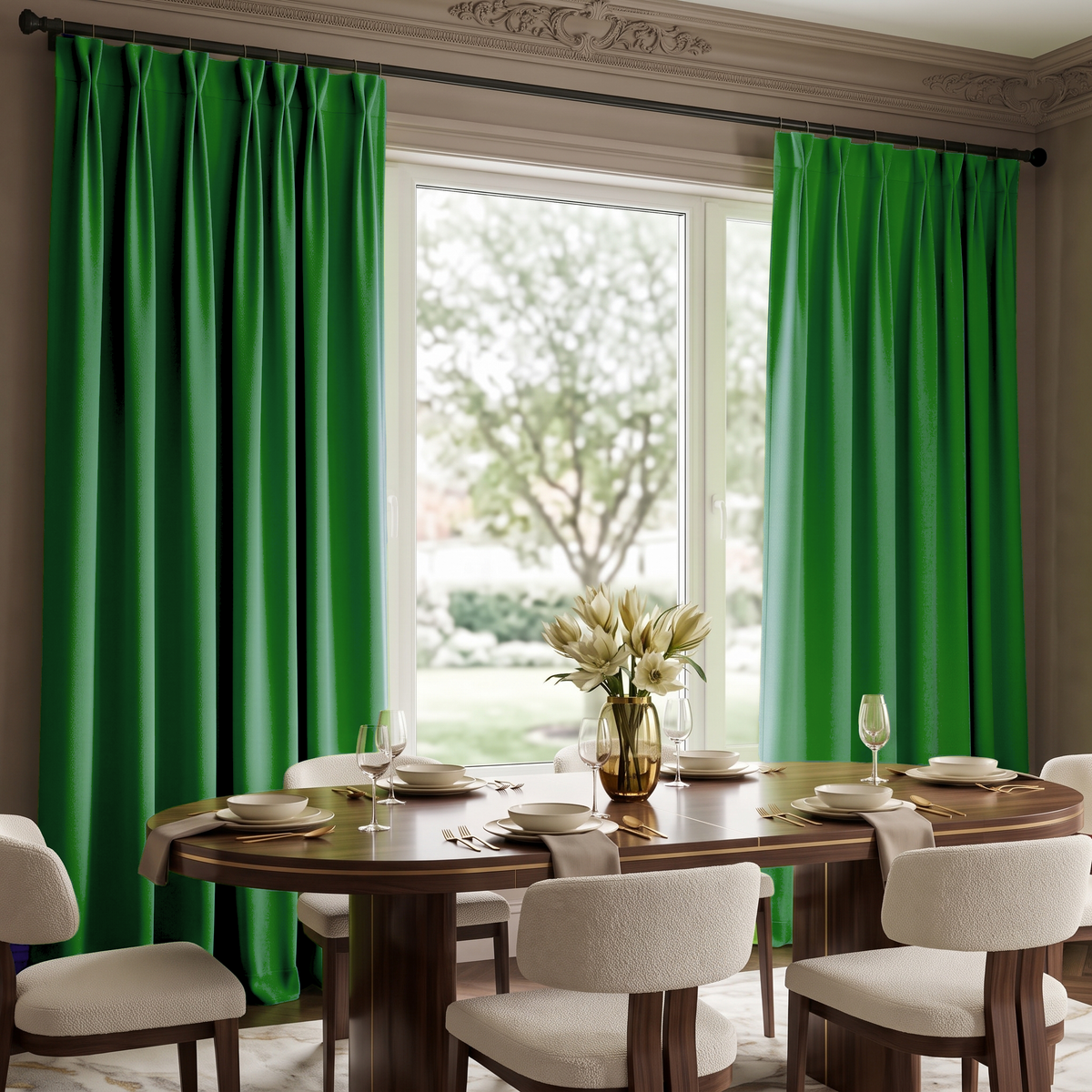 A bright elegant dining room with vivid green curtains, a round dark-wood table, cream textured chairs, refined place settings, and a gold vase filled with pale flowers