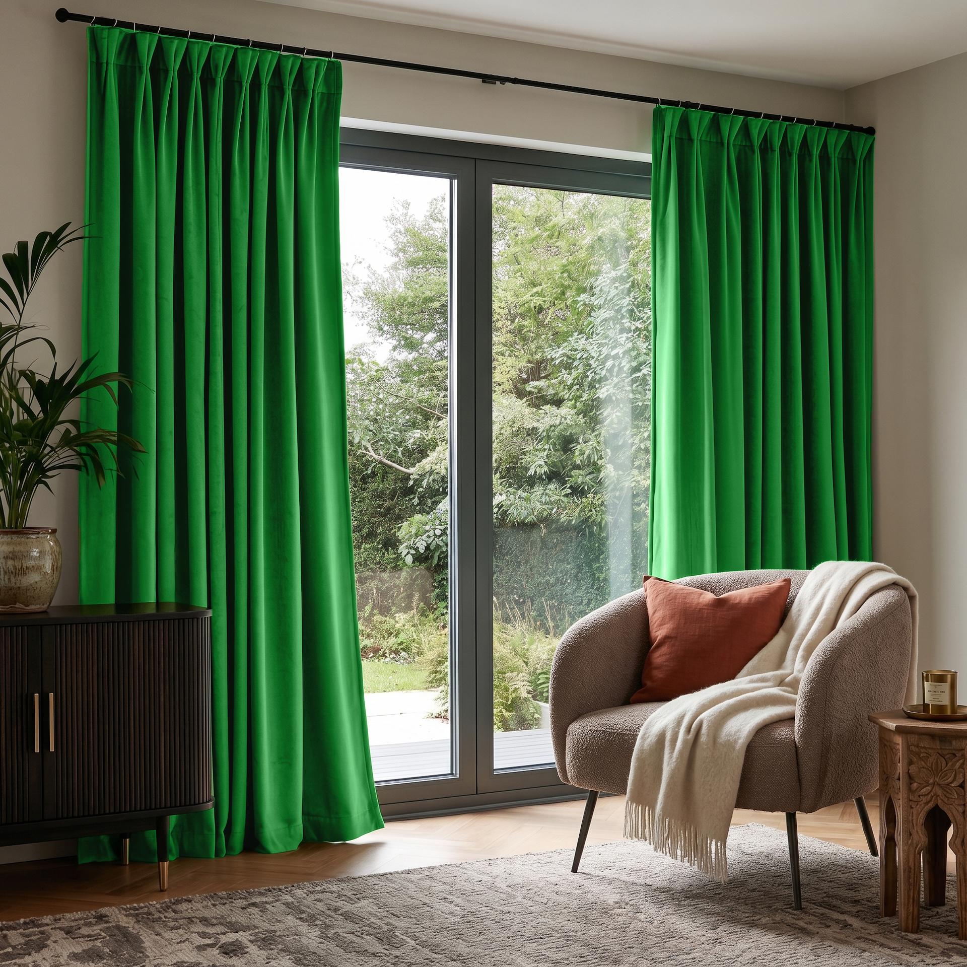 Lime Green Velvet Pinch Pleat Sliding Patio Door Curtains in a Minimal Sitting Room with Taupe Walls and a Rounded Armchair