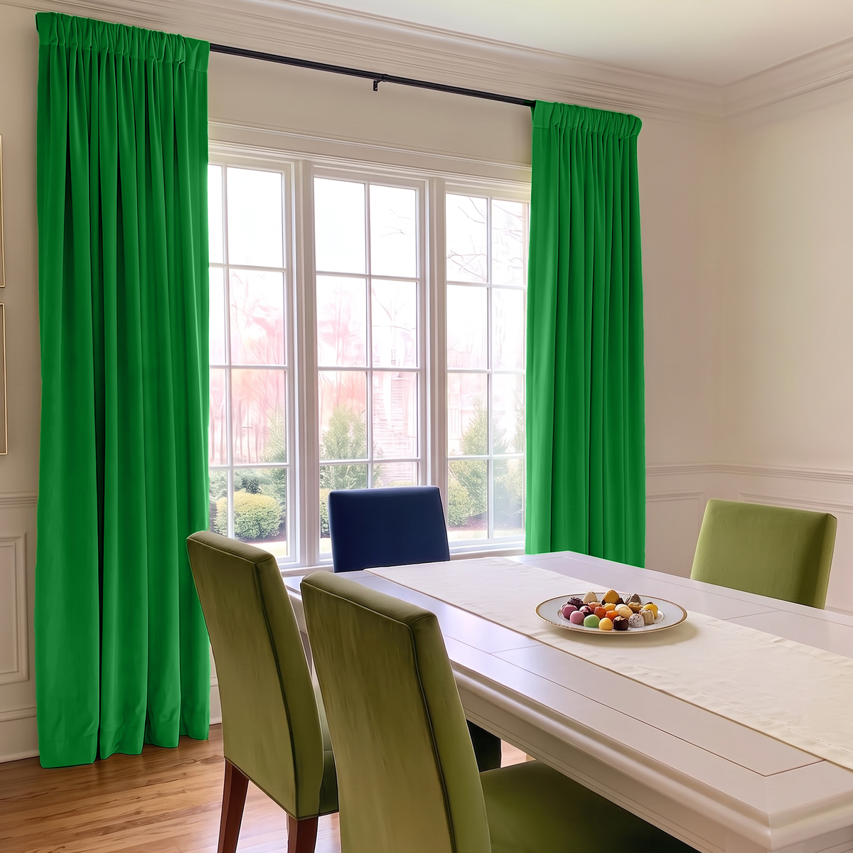 A bright dining room with vivid green curtains, a large white table, olive upholstered chairs, a light table runner, and a decorative plate of colorful sweets