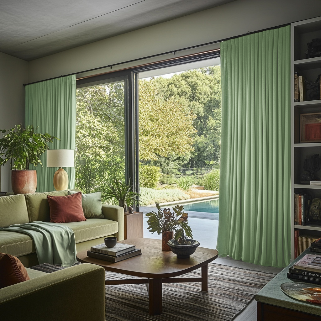 Lime Green Velvet S-Fold Blackout Curtains for Sliding Doors in a Living Room with Grey Walls