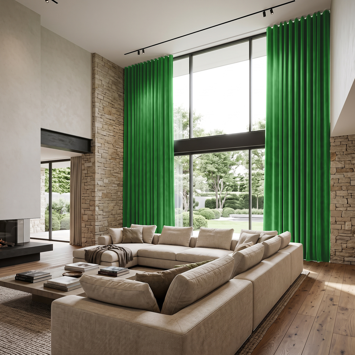 Lime Green Velvet S-Fold Extra Long Curtains in a Modern Living Room with Double-Height Windows and Stone Accent Walls