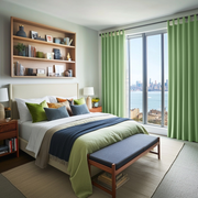 Lime Green Velvet Tab Top Blackout Curtains in a Bedroom with Light Blue Walls