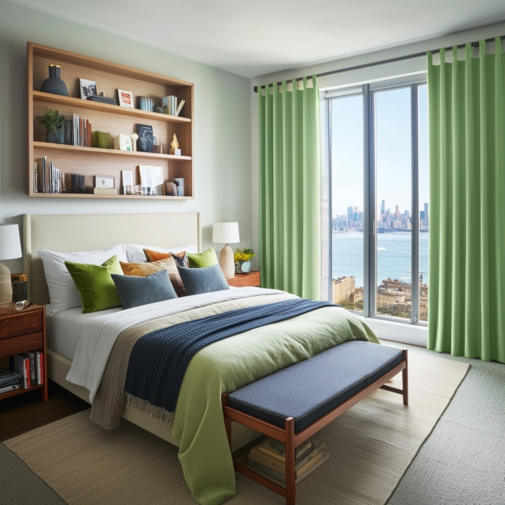 Lime Green Velvet Tab Top Blackout Curtains in a Bedroom with Light Blue Walls