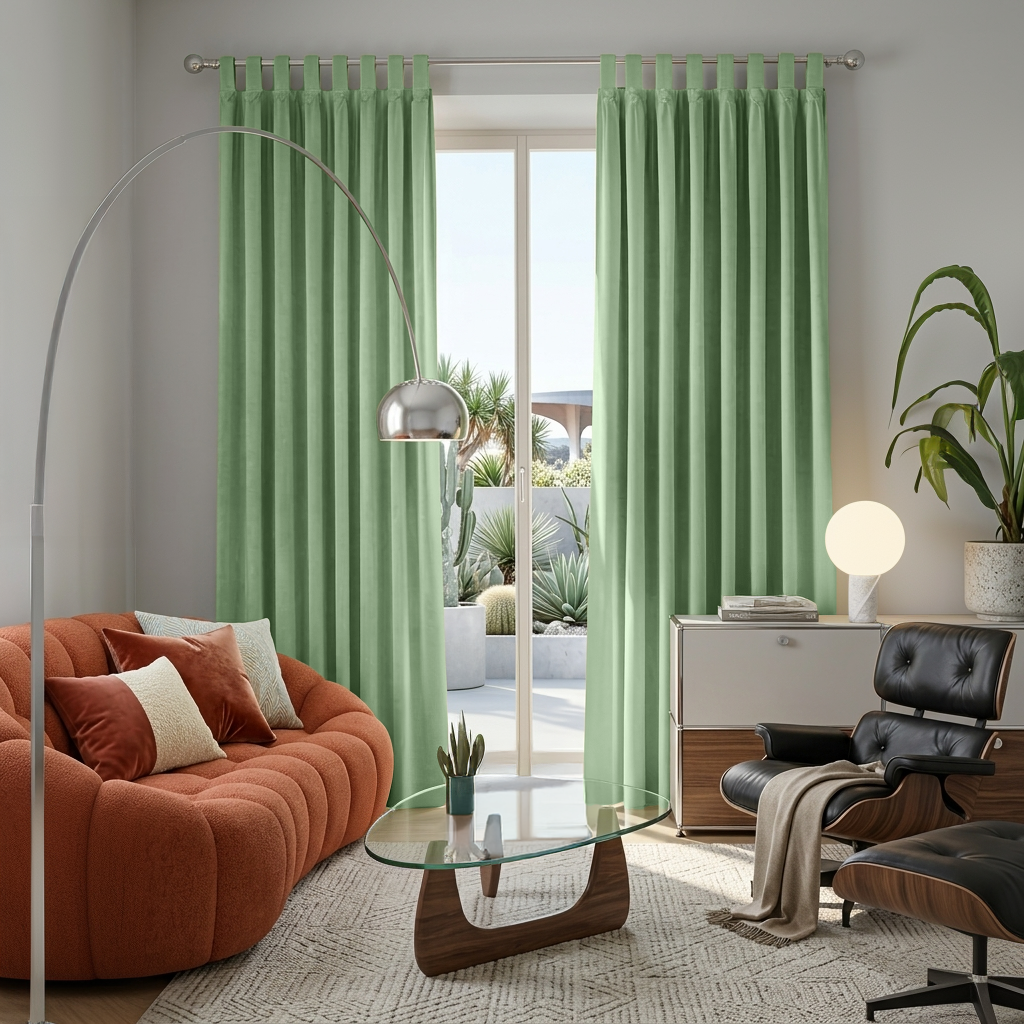 Lime Green Velvet Tab Top Blackout Curtains in a Living Room with Light Grey Walls