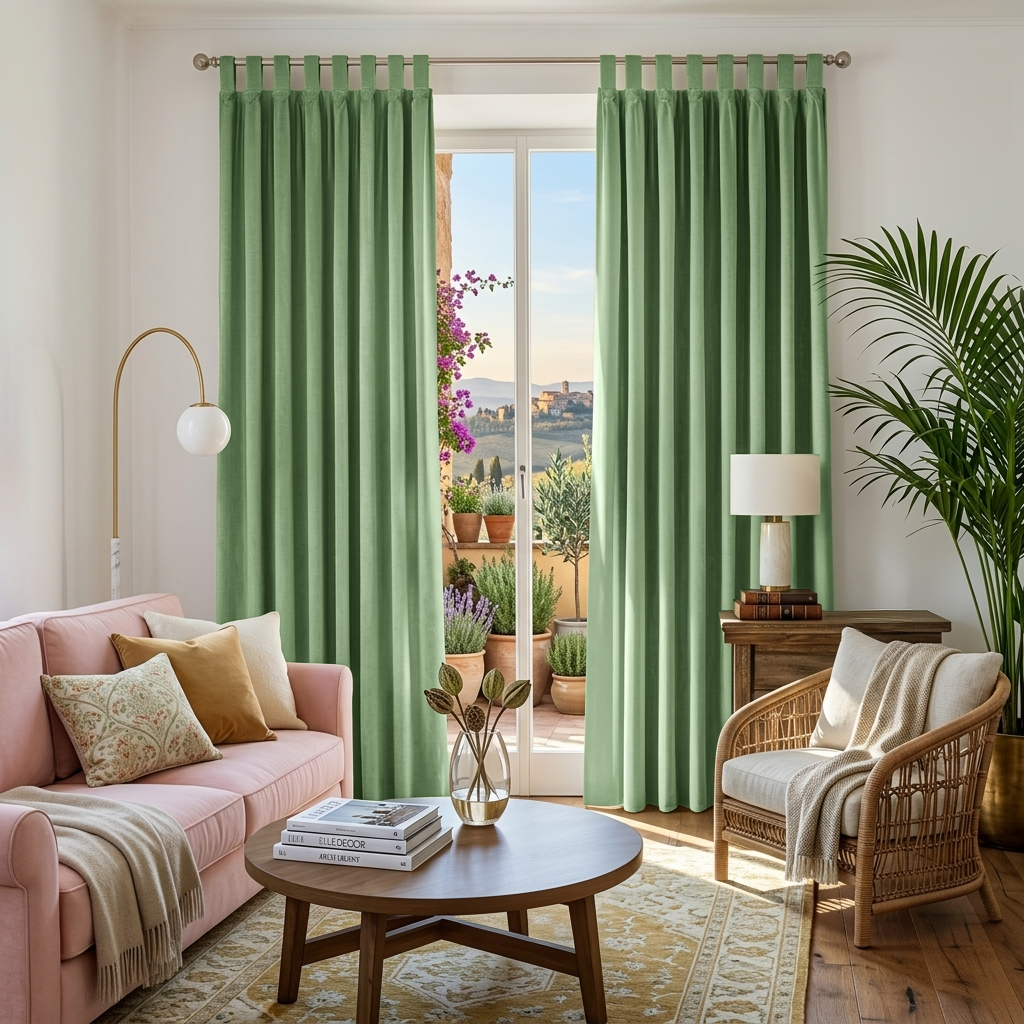 Lime Green Velvet Tab Top Blackout Curtains in a Living Room with White Walls