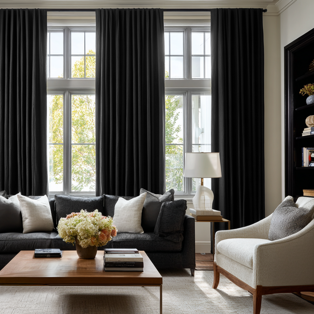 Black Linen Back Tab Blackout Curtains