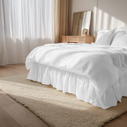 White Linen Bed Skirt with Gathered Ruffles and Cotton Decking