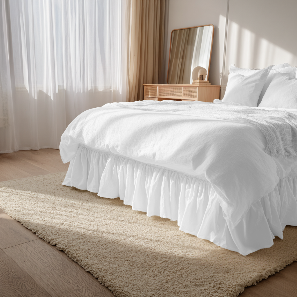 White Linen Bed Skirt with Gathered Ruffles and Cotton Decking