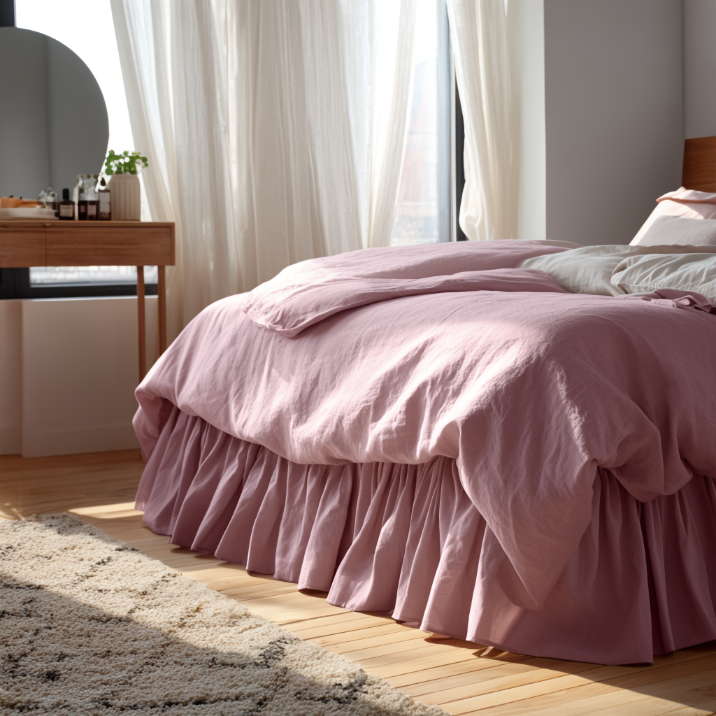 Dusty Rose Linen Bed Skirt with Gathered Ruffles