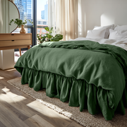 Forest Green Linen Bed Skirt with Gathered Ruffles