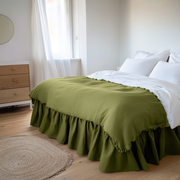 Moss Green Linen Bed Skirt with Gathered Ruffles