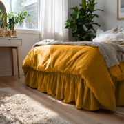 Mustard Yellow Linen Bed Skirt with Gathered Ruffles
