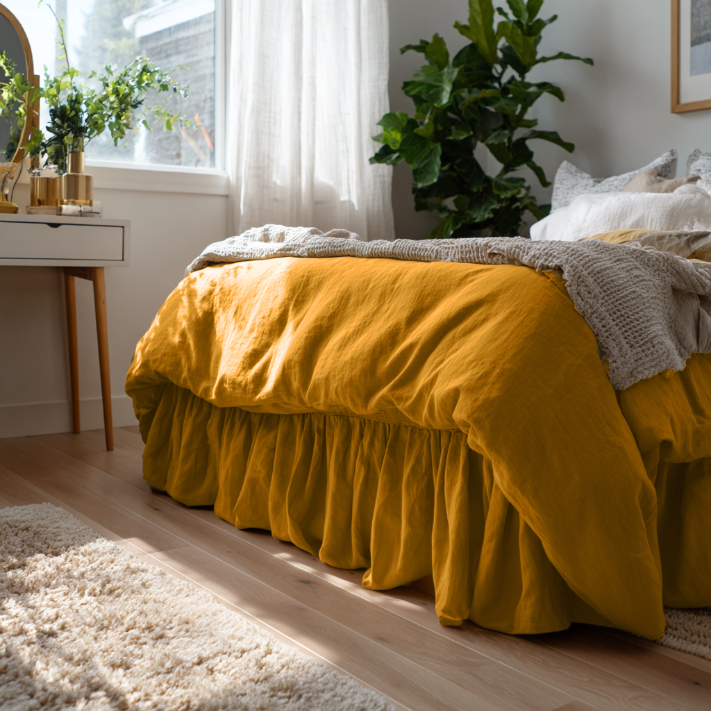 Mustard Yellow Linen Bed Skirt with Gathered Ruffles