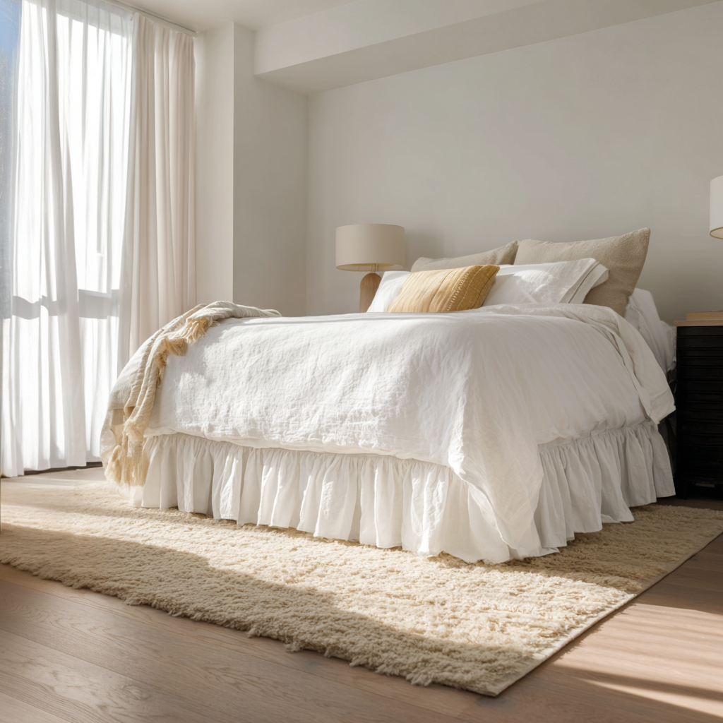 Off-White Linen Bed Skirt with Gathered Ruffles