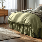 Olive Green Linen Bed Skirt with Gathered Ruffles