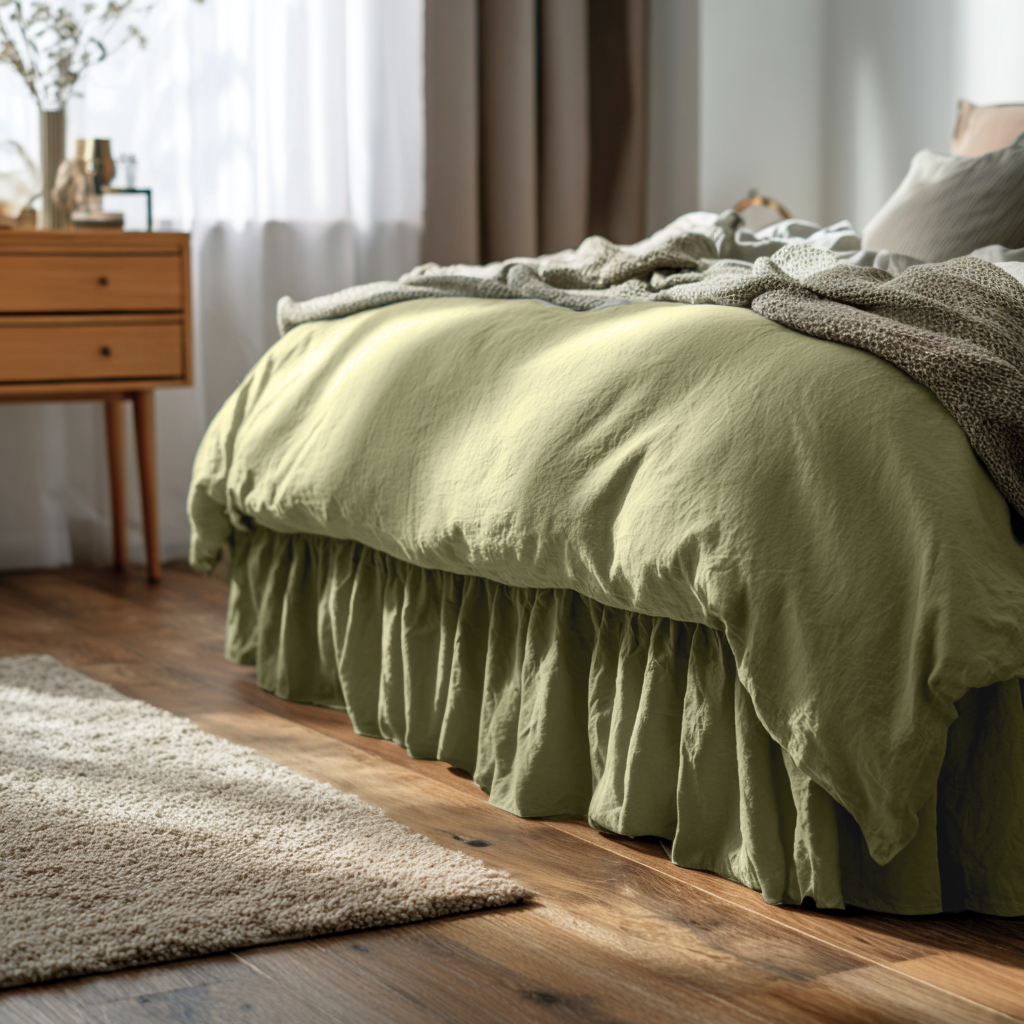Olive Green Linen Bed Skirt with Gathered Ruffles