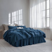 Peacock Blue Linen Bed Skirt with Gathered Ruffles