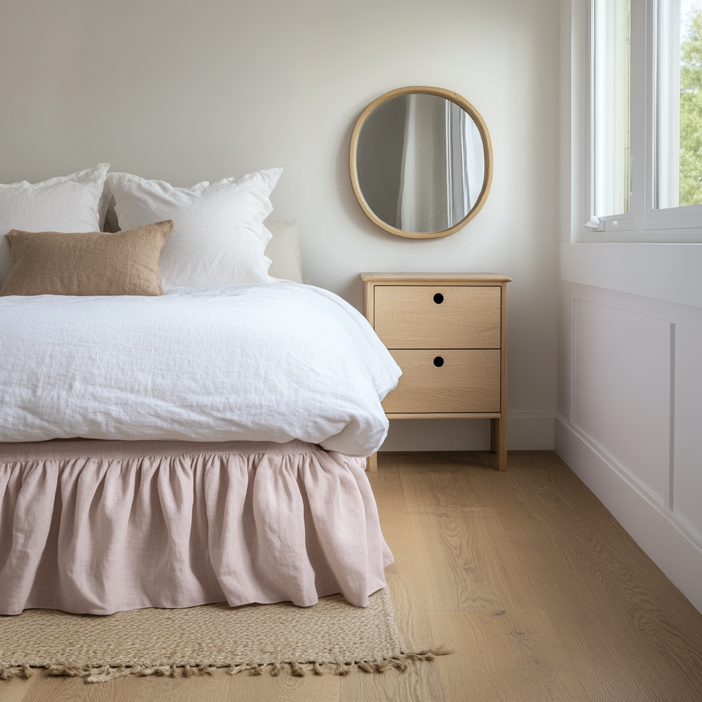 Dusty Pink Linen Bed Skirt with Gathered Ruffles