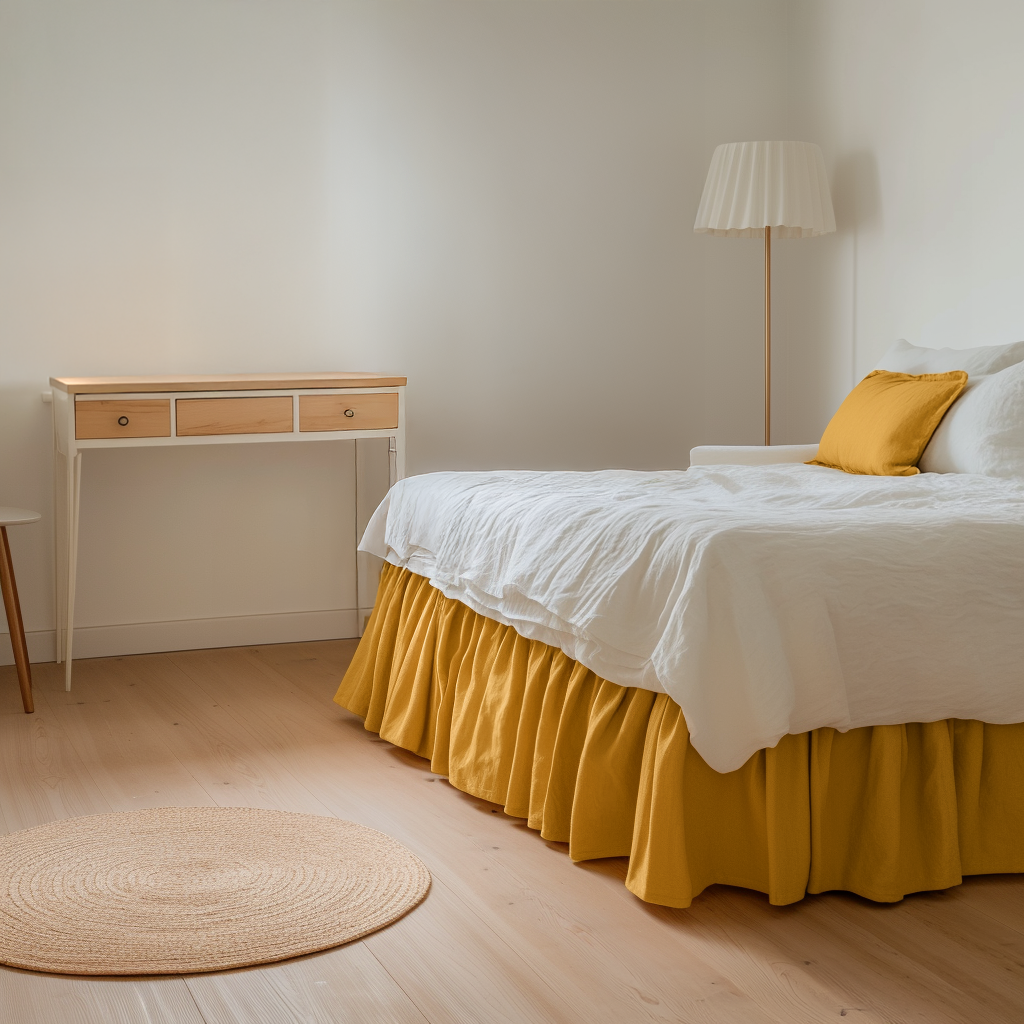 Mustard Yellow Linen Bed Skirt with Gathered Ruffles