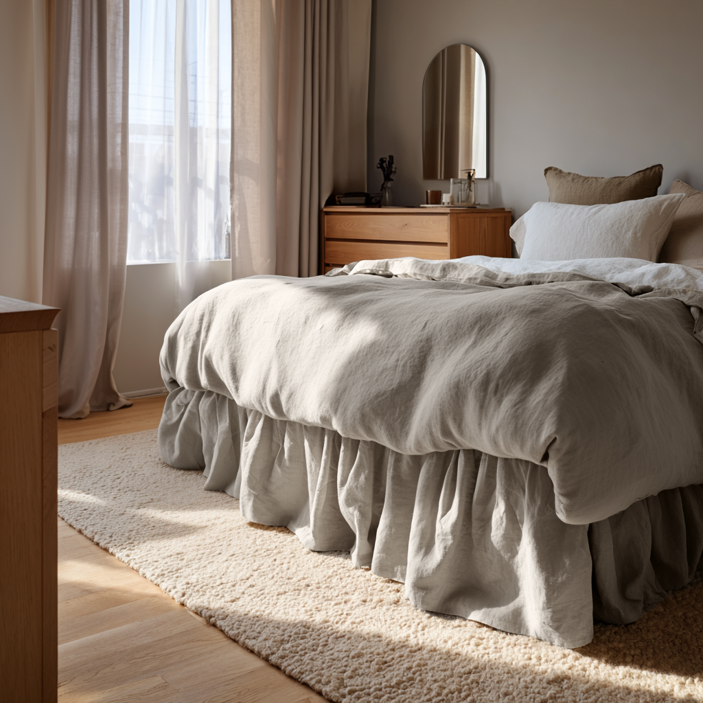 Natural Linen Bed Skirt with Gathered Ruffles