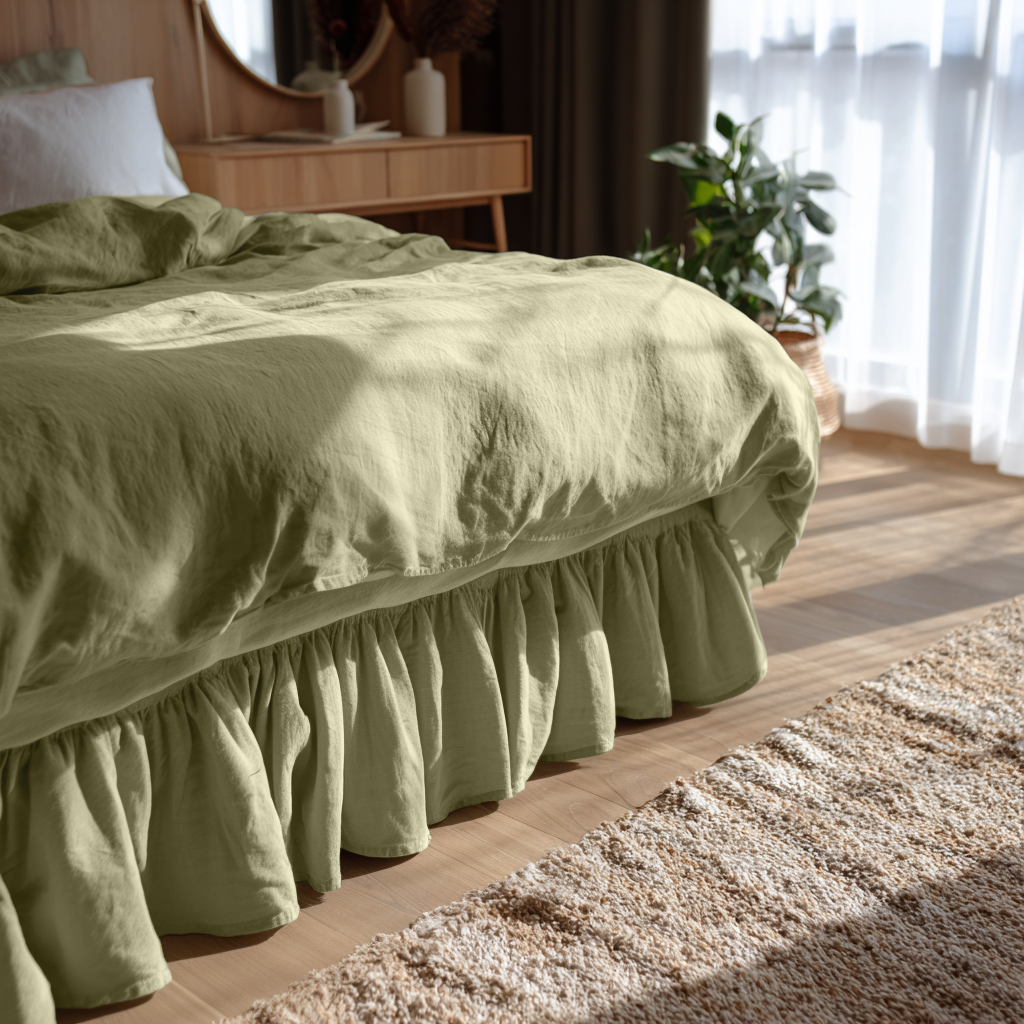 Olive Green Linen Bed Skirt with Gathered Ruffles