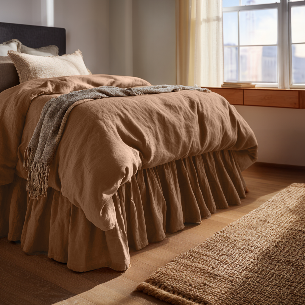 Tawny Brown Linen Bed Skirt with Gathered Ruffles
