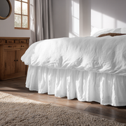 White Linen Bed Skirt with Gathered Ruffles and Cotton Decking