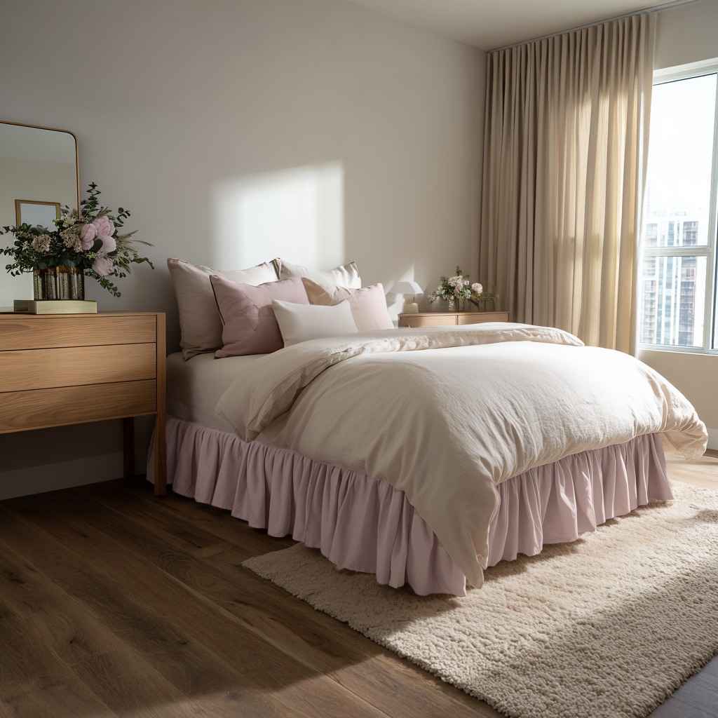Dusty Pink Linen Bed Skirt with Gathered Ruffles