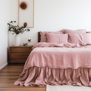Dusty Rose Linen Bed Skirt with Gathered Ruffles