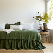 Forest Green Linen Bed Skirt with Gathered Ruffles